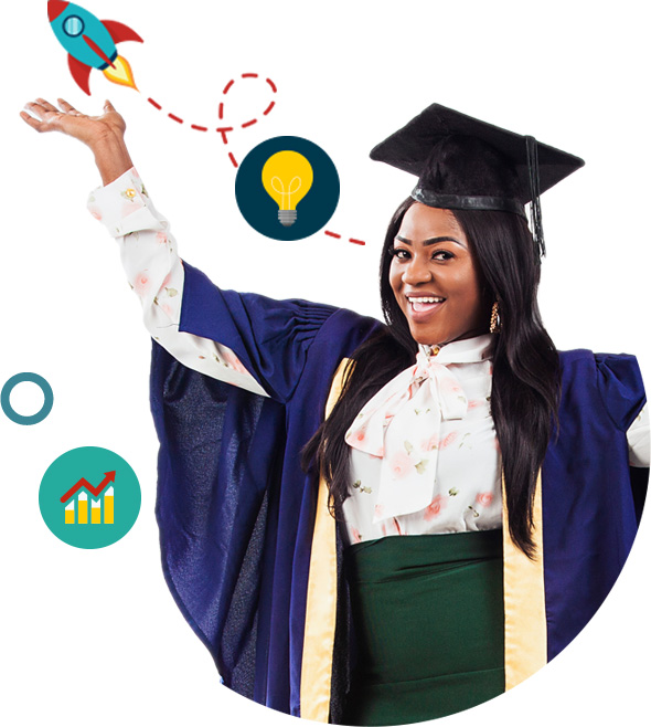 Female graduate with floating graphics
